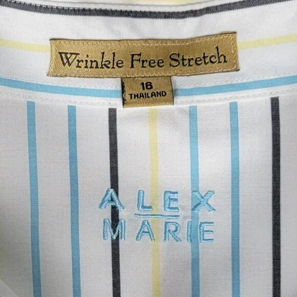 Alex Marie Teal Black Yellow Stripe Wrinkle Free Stretch 3/4 Sleeve Shirt - 16 - Picture 7 of 7